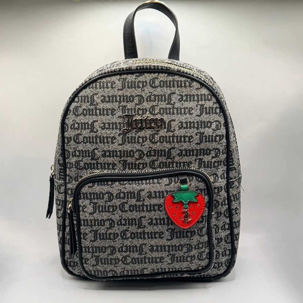 Juicy Couture Freshly Picked Backpack Black Beige Gothic Logo Strawberry Charm
